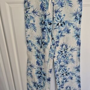 Tommy Bahama Elegant ladies size 4 wide leg linen pants, Blue Tropical Theme